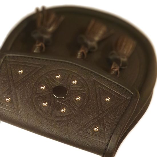 Leather Day Sporran - Tooled and Studded Celtic design with 3 Knotted Tassels in Brown
