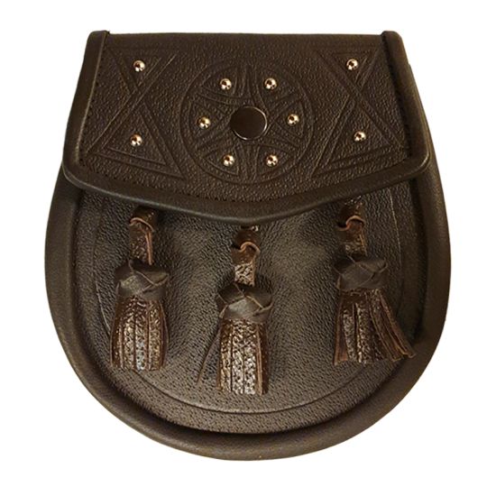 Leather Day Sporran - Tooled and Studded Celtic design with 3 Knotted Tassels in Brown