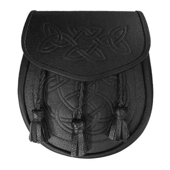 Leather Day Sporran with all over tooled Celtic design and 3 leather tassels in Black