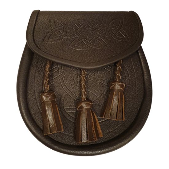 Leather Day Sporran with Embossed Celtic Pattern and 3 Twisted Tassels in Brown