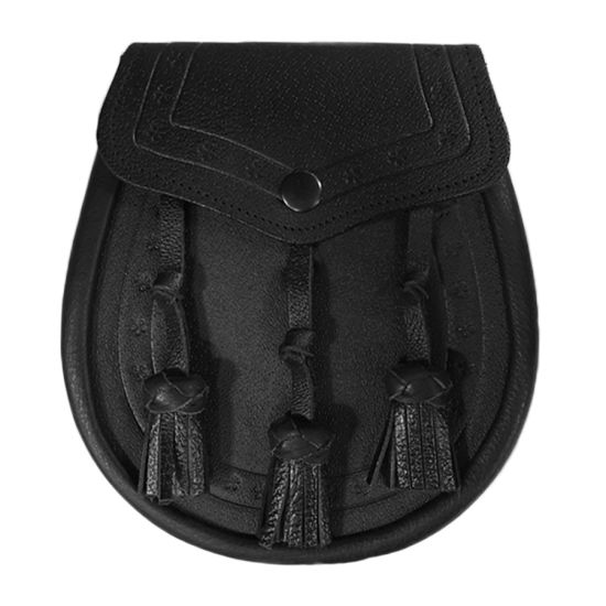 Leather Day Sporran with Embossed Leather and 3 Knotted Tassels in Black