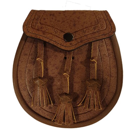 Leather Day Sporran with Embossed Leather and 3 Knotted Tassels in Tan