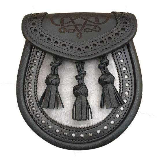 Seal Skin Semi Dress Sporran with Black Brogued and Laser Etched Leather Stag with Leather Tassels