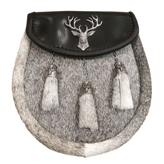 Pony Semi Dress Sporran with Stag on Black Leather with 3 Celtic Chain Tassels