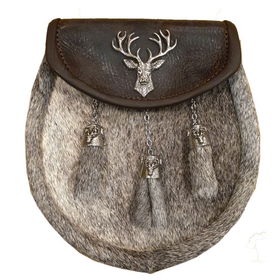 Pony Semi Dress Sporran with Stag on Brown Leather with 3 Celtic Chain Tassels