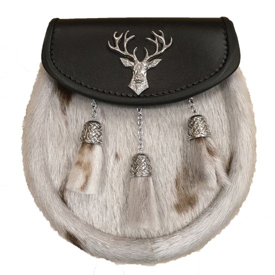 Sealskin Semi Dress Sporran with Stag on Black Leather with 3 Celtic Chain Tassels