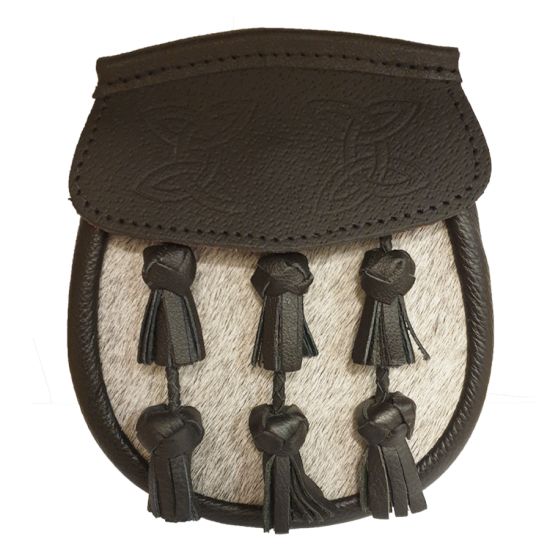 Pony Skin Semi Dress Sporran with Black Leather Flap and Plaited Tassels