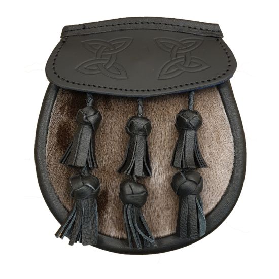 Seal Skin Semi Dress Sporran with Black Leather Flap and Plaited Tassels