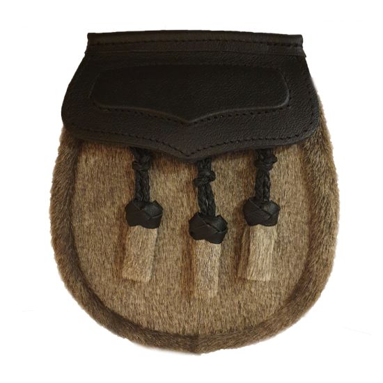 Pony Skin Semi Dress Sporran with Black Leather Flap and 3 Knotted Tassels