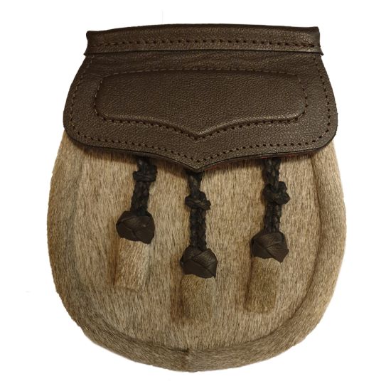 Pony Skin Semi Dress Sporran with Brown Leather Flap and 3 Knotted Tassels