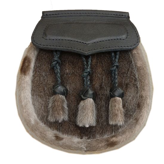 Seal Skin Semi Dress Sporran with Black Leather Flap and 3 Knotted Tassels