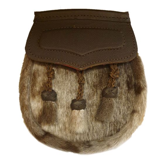 Seal Skin Semi Dress Sporran with Brown Leather Flap and 3 Knotted Tassels