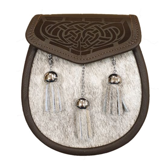 Pony Skin Semi Dress Sporran with Laser Etched Brown Leather Flap and Chrome Tassels