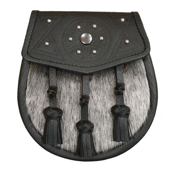 Sealskin Semi Dress Sporran with Studded Black Leather Flap and Tassels