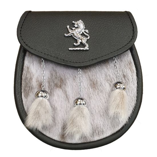 Seal Skin Semi Dress Sporran with Lion Rampant on Black Leather and 3 Chrome Tassels