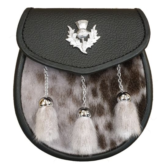 Seal Skin Semi Dress Sporran with Thistle on Black Leather and 3 Chrome Tassels