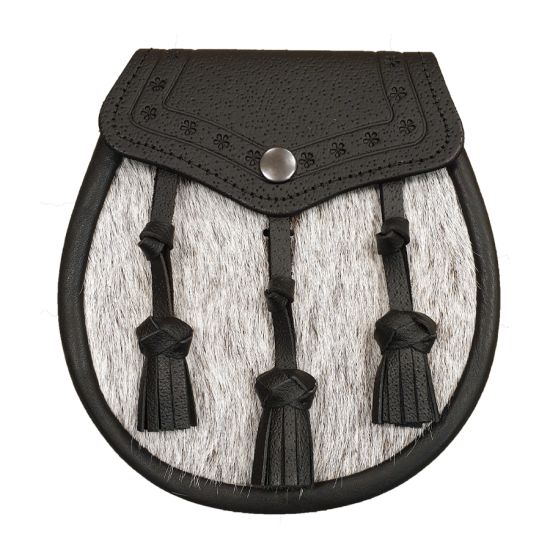 Pony Skin Semi Dress Sporran with Embossed Black Leather and 3 Leather Tassels
