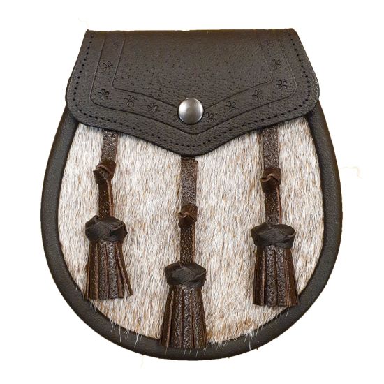 Pony Skin Semi Dress Sporran with Embossed Brown Leather and 3 Leather Tassels