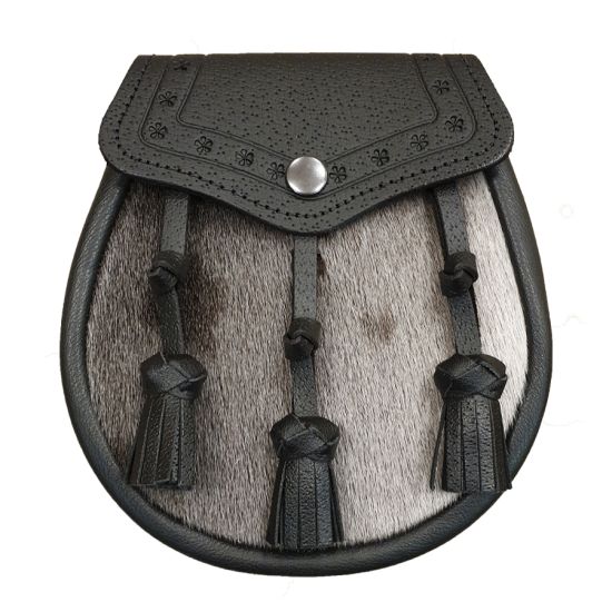 Seal Skin Semi Dress Sporran with Embossed Black Leather and 3 Leather Tassels