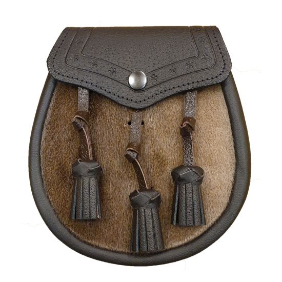 Seal Skin Semi Dress Sporran with Embossed Brown Leather and 3 Leather Tassels