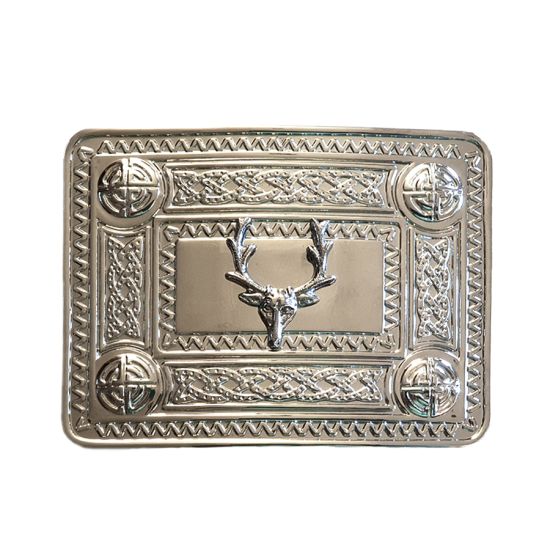 Celtic Knot and Mounted Stags Head Buckle in Chrome Finish