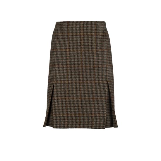 Fitted Skirt with Two Kick Pleats in Lightweight Green Check Tweed