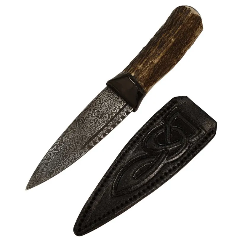 Red Deer Antler Handle Sgian Dubh with Celtic Embossed Black