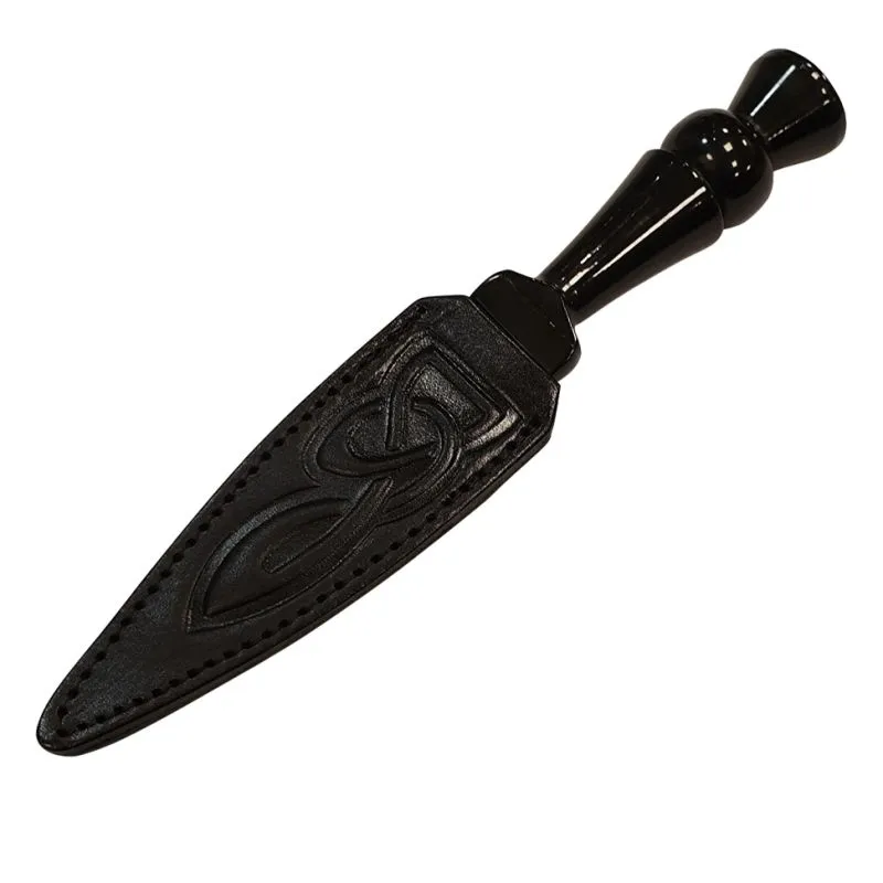 Bull Horn Handle Sgian Dubh with Celtic Embossed Black Leather