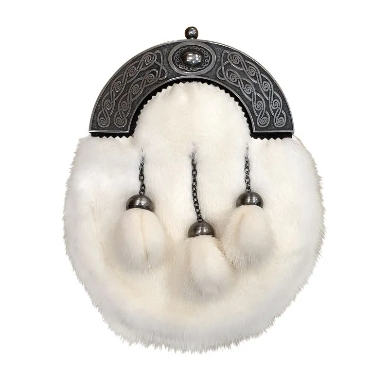 White Mink Dress Sporran with Celtic Oval Design Cantle and