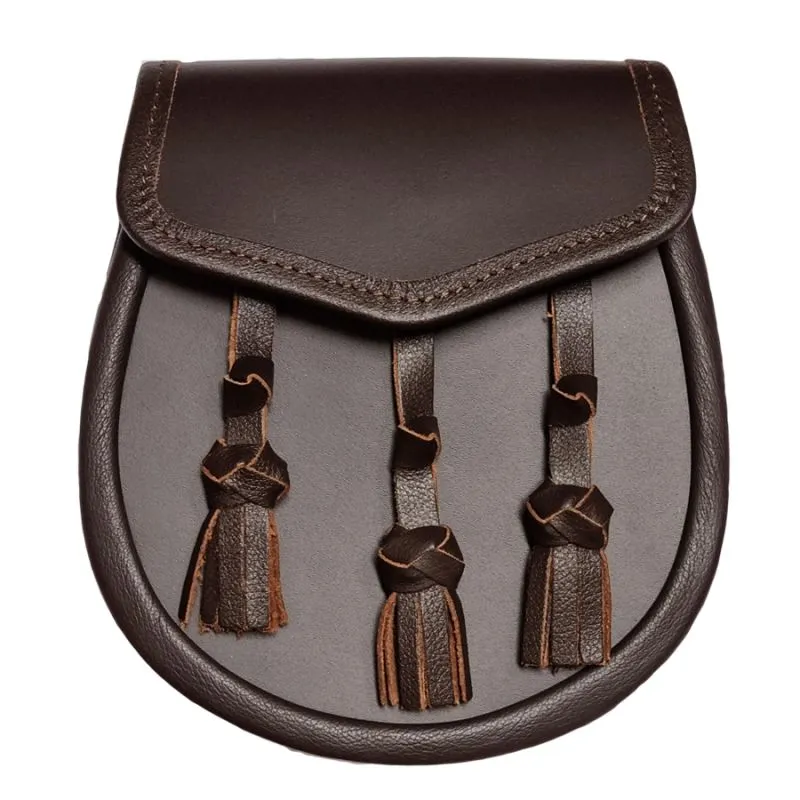 Leather Day Sporran, with Three Hand Knotted Tassels in Brown