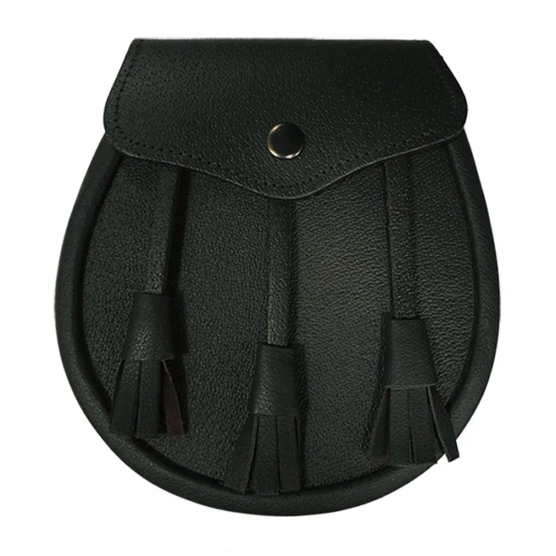 Leather Day Sporran with 3 Leather Tassels in Black - Kinloch Anderson