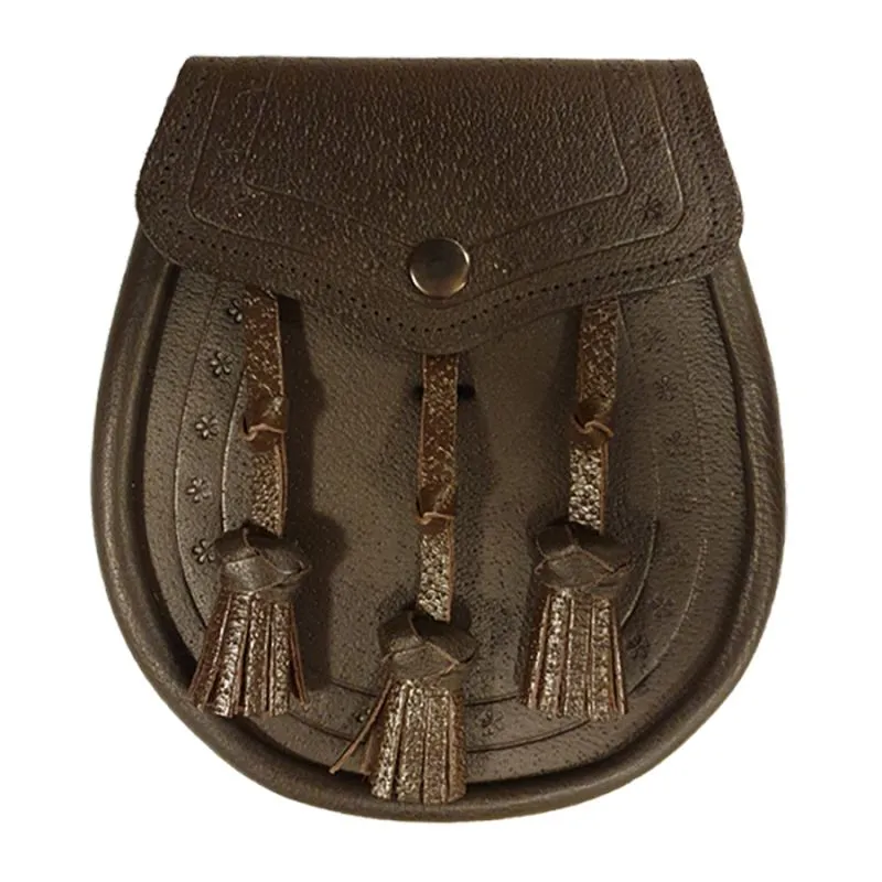 Leather Day Sporran with Embossed Leather and 3 Knotted Tassels in