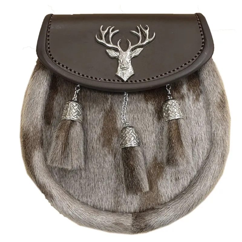 Seal skin Semi Dress Sporran with Stag on Brown Leather top and 3